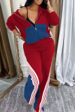 Red Casual Stripe Zipper Zipper Collar Long Sleeve Two Pieces