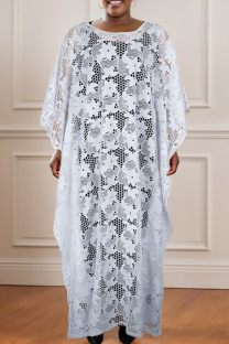 White Elegant Solid Color Hollow Out O Neck Long Sleeve Two Pieces