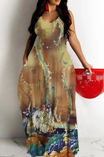 Brownness Sexy Geometric Print Gradient Contrast U Neck Printed Dresses