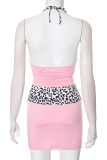 Pink Sexy Leopard Print Backless Halter Wrapped Skirt Dresses