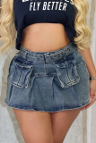 Blue Sexy Solid Color Pocket Mid Waist Loose Denim Skirts