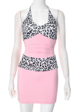 Pink Sexy Leopard Print Backless Halter Wrapped Skirt Dresses
