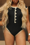 Black Sexy Print Buckle O Neck Skinny Bodysuits