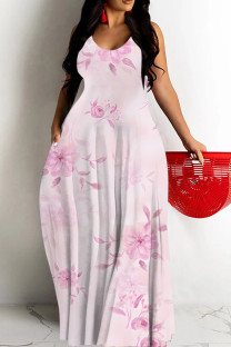 Light Pink Sexy Geometric Print Gradient Contrast U Neck Printed Dresses