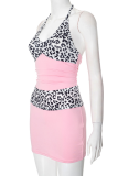 Pink Sexy Leopard Print Backless Halter Wrapped Skirt Dresses