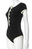 Black Sexy Print Buckle O Neck Skinny Bodysuits