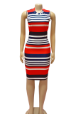 Red Casual Stripe Patchwork O Neck Wrapped Skirt Dresses