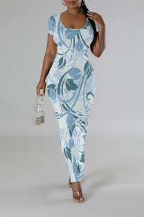 Baby Blue Casual Floral Print Butterfly Slit Contrast O Neck Printed Short Sleeve Dress