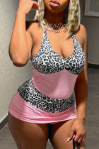 Pink Sexy Leopard Print Backless Halter Wrapped Skirt Dresses