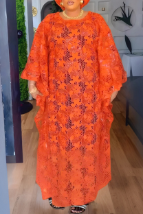 Orange Elegant Solid Color Hollow Out O Neck Long Sleeve Two Pieces