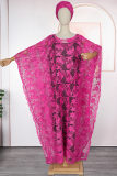 Rose Red Elegant Solid Color Hollow Out O Neck Long Sleeve Two Pieces