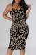 Dark Khaki Sexy Geometric Print Contrast Sling Dresses