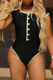 Black Sexy Print Buckle O Neck Skinny Bodysuits
