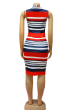 Red Casual Stripe Patchwork O Neck Wrapped Skirt Dresses