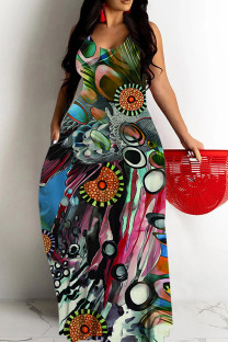 Rose Pink Sexy Geometric Print Gradient Contrast U Neck Printed Dresses