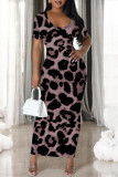 Dark Purple Casual Leopard Print Slit Contrast V Neck Printed Short Sleeve Dress
