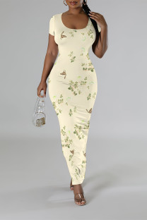 Shallow Yellow Casual Floral Print Butterfly Slit Contrast O Neck Printed Short Sleeve Dress