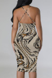 White Sexy Geometric Print Contrast Sling Dresses