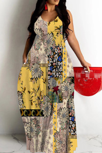Yellow Sexy Geometric Print Gradient Contrast U Neck Printed Dresses