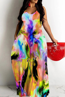 Multi-color Sexy Geometric Print Gradient Contrast U Neck Printed Dresses