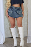 Blue Sexy Solid Color Pocket Mid Waist Loose Denim Skirts