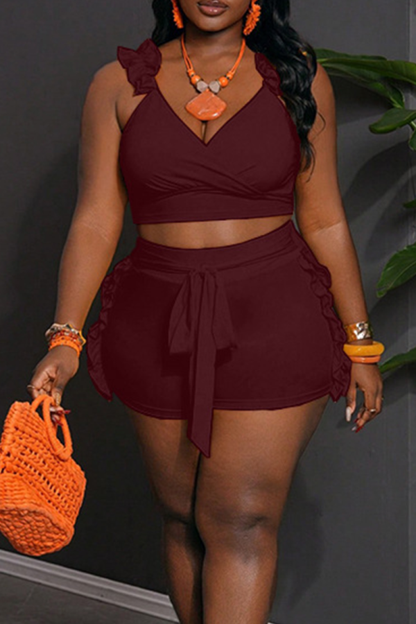 Burgundy Sexy Solid Color Strap Design Stringy Selvedge Spaghetti Strap Sleeveless Two Pieces