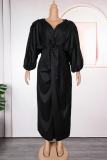 Black Elegant Solid Color Ruched V Neck Long Plus Size Dresses
