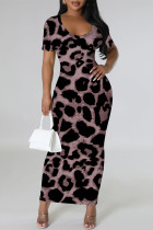 Dark Purple Casual Leopard Print Slit Contrast V Neck Printed Short Sleeve Dress