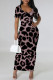 Dark Purple Casual Leopard Print Slit Contrast V Neck Printed Short Sleeve Dress