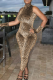 Dark Brown Sexy Leopard Print Patchwork Turtleneck Skinny Jumpsuits