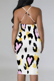 White Sexy Geometric Print Contrast Sling Dresses