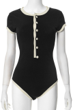 Black Sexy Print Buckle O Neck Skinny Bodysuits