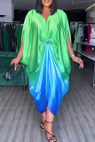 Turquoise Elegant Gradient Color Ruched V Neck Irregular Dresses