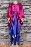 Turquoise Elegant Gradient Color Ruched V Neck Irregular Dresses