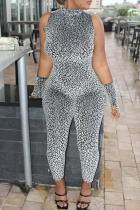 Black Sexy Leopard Print Patchwork Turtleneck Skinny Jumpsuits