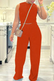 Orange Red Casual Solid Color Basic O Neck Sleeveless Two Pieces