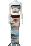 Blue Sexy Print Patchwork Strapless Sleeveless Two Pieces