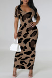 Dark Purple Casual Leopard Print Slit Contrast V Neck Printed Short Sleeve Dress