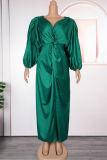 Black Elegant Solid Color Ruched V Neck Long Plus Size Dresses