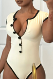 Black Sexy Print Buckle O Neck Skinny Bodysuits