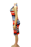 Red Casual Stripe Patchwork O Neck Wrapped Skirt Dresses