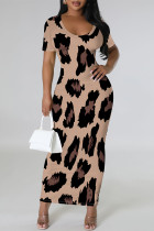 Khaki Casual Leopard Print Slit Contrast V Neck Printed Short Sleeve Dress