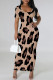 Khaki Casual Leopard Print Slit Contrast V Neck Printed Short Sleeve Dress