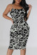 Black Sexy Geometric Print Contrast Sling Dresses