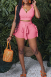 Pink Sexy Solid Color Strap Design Stringy Selvedge Spaghetti Strap Sleeveless Two Pieces
