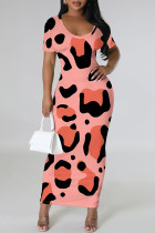 Tangerine Red Casual Leopard Print Slit Contrast V Neck Printed Short Sleeve Dress