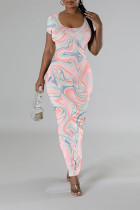 Pink Casual Floral Print Butterfly Slit Contrast O Neck Printed Short Sleeve Dress
