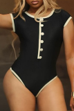 Black Sexy Print Buckle O Neck Skinny Bodysuits