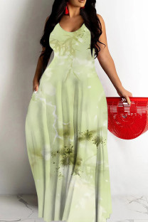 Light Green Sexy Geometric Print Gradient Contrast U Neck Printed Dresses