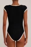 Black Sexy Print Buckle O Neck Skinny Bodysuits